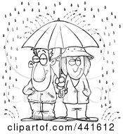 Poster, Art Print Of Cartoon Black And White Outline Design Of A Couple Sharing An Umbrella In The Rain