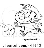 Poster, Art Print Of Cartoon Black And White Outline Design Of A Boy Dribbling A Basketball