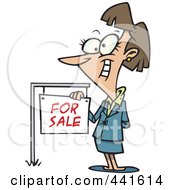 Poster, Art Print Of Cartoon Female Realtor By A For Sale Sign
