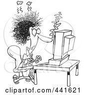 Poster, Art Print Of Cartoon Black And White Outline Design Of A Woman Covered In Soot At A Computer