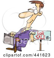 Poster, Art Print Of Cartoon Male Realtor Leaning On A Sale Sign