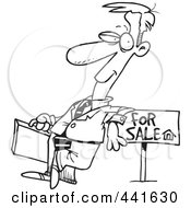 Poster, Art Print Of Cartoon Black And White Outline Design Of A Male Realtor Leaning On A Sale Sign
