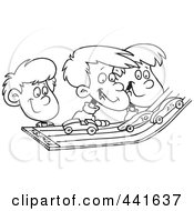 Royalty Free RF Clip Art Illustration Of A Cartoon Black And White Outline Design Of A Group Of Kids Playing With Toy Cars On A Track
