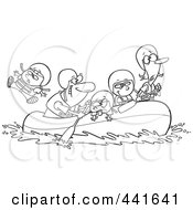 Royalty Free RF Clip Art Illustration Of A Cartoon Black And White Outline Design Of A Family Rafting by toonaday