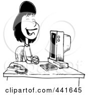 Poster, Art Print Of Cartoon Black And White Outline Design Of A Pleasant Receptionist Sitting At Her Desk
