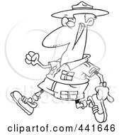 Cartoon Black And White Outline Design Of A Male Ranger Walking
