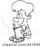 Poster, Art Print Of Cartoon Black And White Outline Design Of A Happy Boy Reading