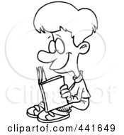 Royalty Free RF Clip Art Illustration Of A Cartoon Black And White Outline Design Of A Happy Boy Reading