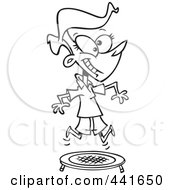 Cartoon Black And White Outline Design Of A Woman Jumping On A Trampoline