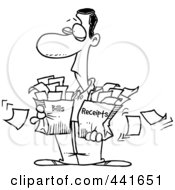 Poster, Art Print Of Cartoon Black And White Outline Design Of A Man Carrying Bags Of Bills And Receipts
