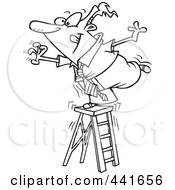 Poster, Art Print Of Cartoon Black And White Outline Design Of A Businessman Standing On A Ladder And Reaching