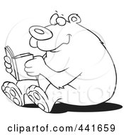 Poster, Art Print Of Cartoon Black And White Outline Design Of A Happy Bear Reading