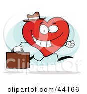 Happy Business Heart Character Carrying A Briefcase And Running To Work