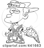 Royalty Free RF Clip Art Illustration Of A Cartoon Black And White Outline Design Of A Messy Boy Eating Pizza