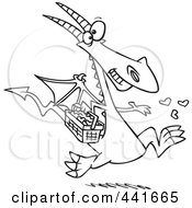 Royalty Free RF Clip Art Illustration Of A Cartoon Black And White Outline Design Of A Dragon Spreading Love