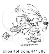 Poster, Art Print Of Cartoon Black And White Outline Design Of An Easter Bunny Running With A Bag Of Eggs