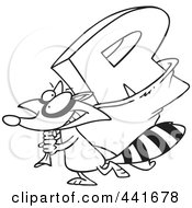 Royalty Free RF Clip Art Illustration Of A Cartoon Black And White Outline Design Of A Raccoon Carrying A Letter R by toonaday