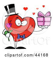 Poster, Art Print Of Romantic Gentleman Heart Holding A Single Rose And A Present