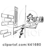 Royalty Free RF Clip Art Illustration Of A Cartoon Black And White Outline Design Of A Businessman Looking Out A Window With Binoculars