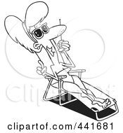 Cartoon Black And White Outline Design Of A Woman Sun Bathing And Talking On A Cell Phone