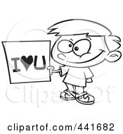 Poster, Art Print Of Cartoon Black And White Outline Design Of A Boy Holding An I Love You Sign