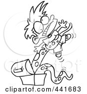 Royalty Free RF Clip Art Illustration Of A Cartoon Black And White Outline Design Of A Boy Being Strangled By A Monster In His Lunch Box