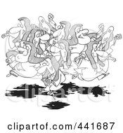 Cartoon Black And White Outline Design Of A Group Of Leaping Lords One On A Pogo Stick
