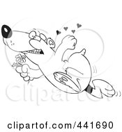 Poster, Art Print Of Cartoon Black And White Outline Design Of A Romantic Bear Running With Flowers