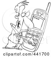 Royalty Free RF Clip Art Illustration Of A Cartoon Black And White Outline Design Of A Man Holding A Giant Phone