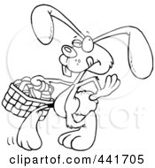 Poster, Art Print Of Cartoon Black And White Outline Design Of An Easter Bunny Walking With An Easter Basket