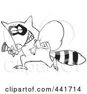 Royalty Free RF Clip Art Illustration Of A Cartoon Black And White Outline Design Of A Raccoon Thief by toonaday