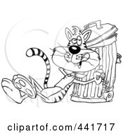Cartoon Black And White Outline Design Of A Cat Eating A Luxurious Fish Bone From The Garbage