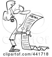 Poster, Art Print Of Cartoon Black And White Outline Design Of A Businesswoman Reading A Long Memo