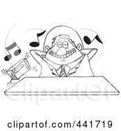 Poster, Art Print Of Cartoon Black And White Outline Design Of A Lazy Boss Listening To Loud Music