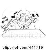 Royalty Free RF Clip Art Illustration Of A Cartoon Black And White Outline Design Of A Lazy Boss Listening To Loud Music