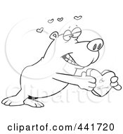 Poster, Art Print Of Cartoon Black And White Outline Design Of A Bear Holding A Be Mine Heart Box