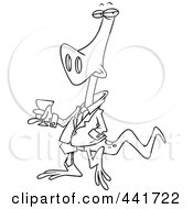 Royalty Free RF Clip Art Illustration Of A Cartoon Black And White Outline Design Of A Lizard Carrying A Glass Of Wine by toonaday