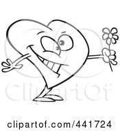 Poster, Art Print Of Cartoon Black And White Outline Design Of A Romantic Heart Holding Flowers