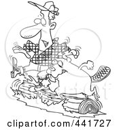 Poster, Art Print Of Cartoon Black And White Outline Design Of A Lumberjack And Beaver Log Rolling