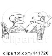 Poster, Art Print Of Cartoon Black And White Outline Design Of An Old Woman Flicking A Pea At Her Daughter