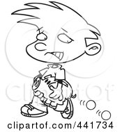 Royalty Free RF Clip Art Illustration Of A Cartoon Black And White Outline Design Of A Boy Losing Coins From His Piggy Bank