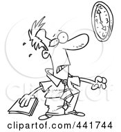 Royalty Free RF Clip Art Illustration Of A Cartoon Black And White Outline Design Of A Businessman With A Looming Deadline by toonaday