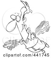 Royalty Free RF Clip Art Illustration Of A Cartoon Black And White Outline Design Of A Lofty Businessman Trying To Fly