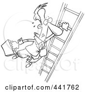 Poster, Art Print Of Cartoon Black And White Outline Design Of A Businessman Holding Onto A Ladder With One Hand