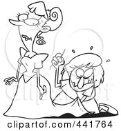 Cartoon Black And White Outline Design Of A Seamstress Tailoring A Brides Dress At The Last Minute
