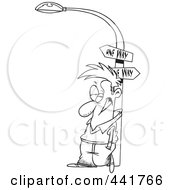 Cartoon Black And White Outline Design Of A Man Leaning Against A Lamp Post