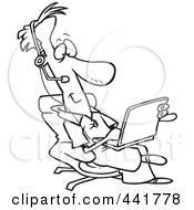 Poster, Art Print Of Cartoon Black And White Outline Design Of A Businessman Wearing A Headset And Using A Laptop