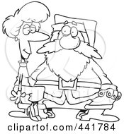 Royalty Free RF Clip Art Illustration Of A Cartoon Black And White Outline Design Of An Adult Woman Sitting On Santas Lap