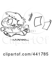 Poster, Art Print Of Cartoon Black And White Outline Design Of A Boy Running Home On The Last Day Of School