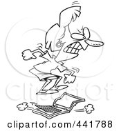 Poster, Art Print Of Cartoon Black And White Outline Design Of A Pissed Businesswoman Stomping On A Laptop